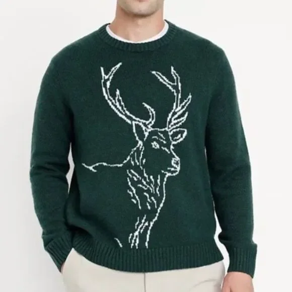 NWT Old Navy Reindeer Crewneck Sweater Dark Green Sz L Holiday Winter Cozy Cabin - Picture 1 of 8